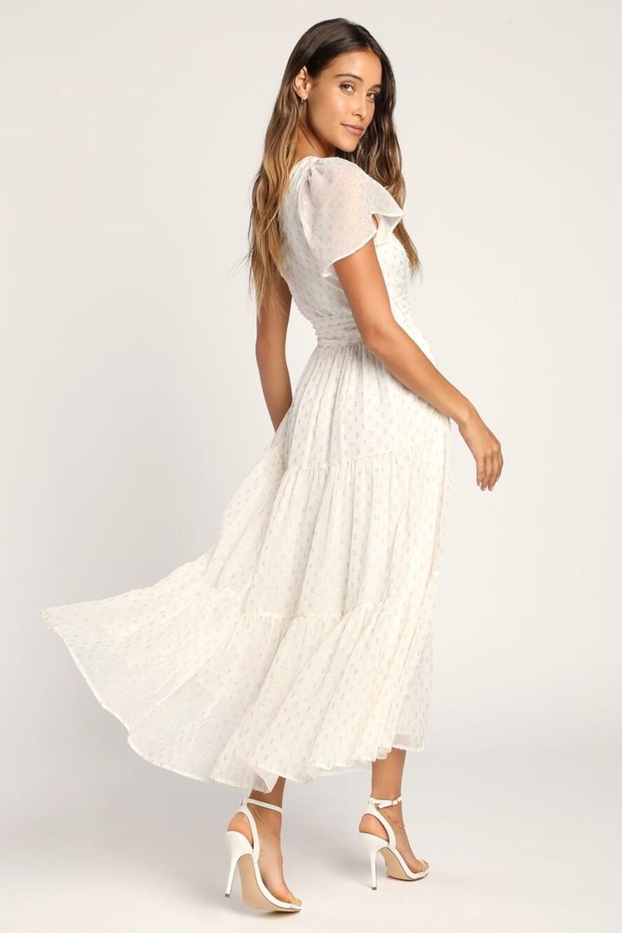 Lulus Shining Sight White Metallic Gold Dotted One-Shoulder Midi Dress Size XS